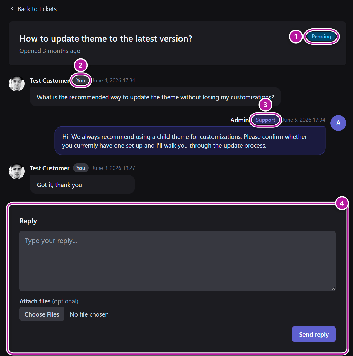 A ticket conversation showing messages from the customer and the support agent
