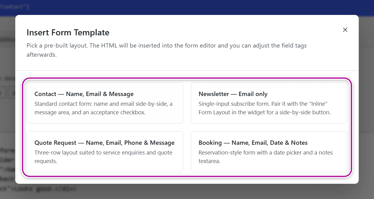 The Insert Form Template window listing the four layouts