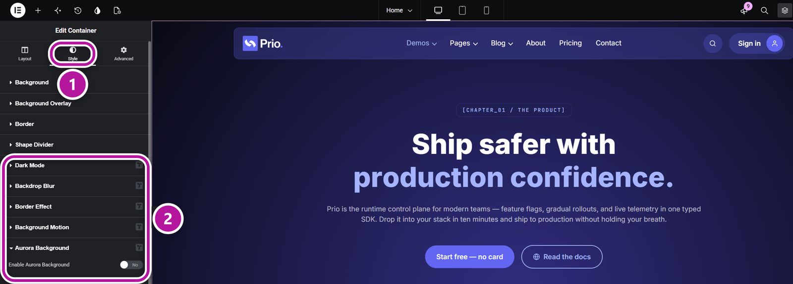 The Themeasy sections on a container's Style tab, with Aurora Background open