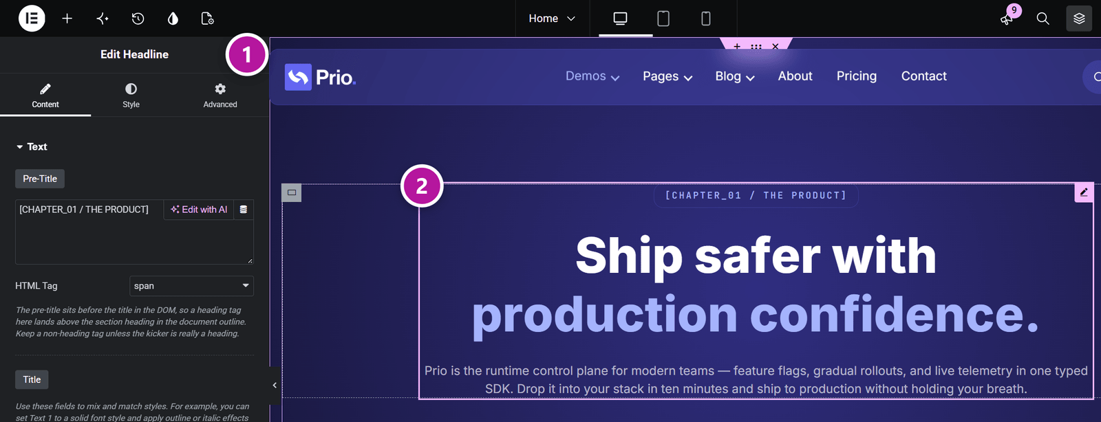 A Themeasy content widget placed in the Elementor editor