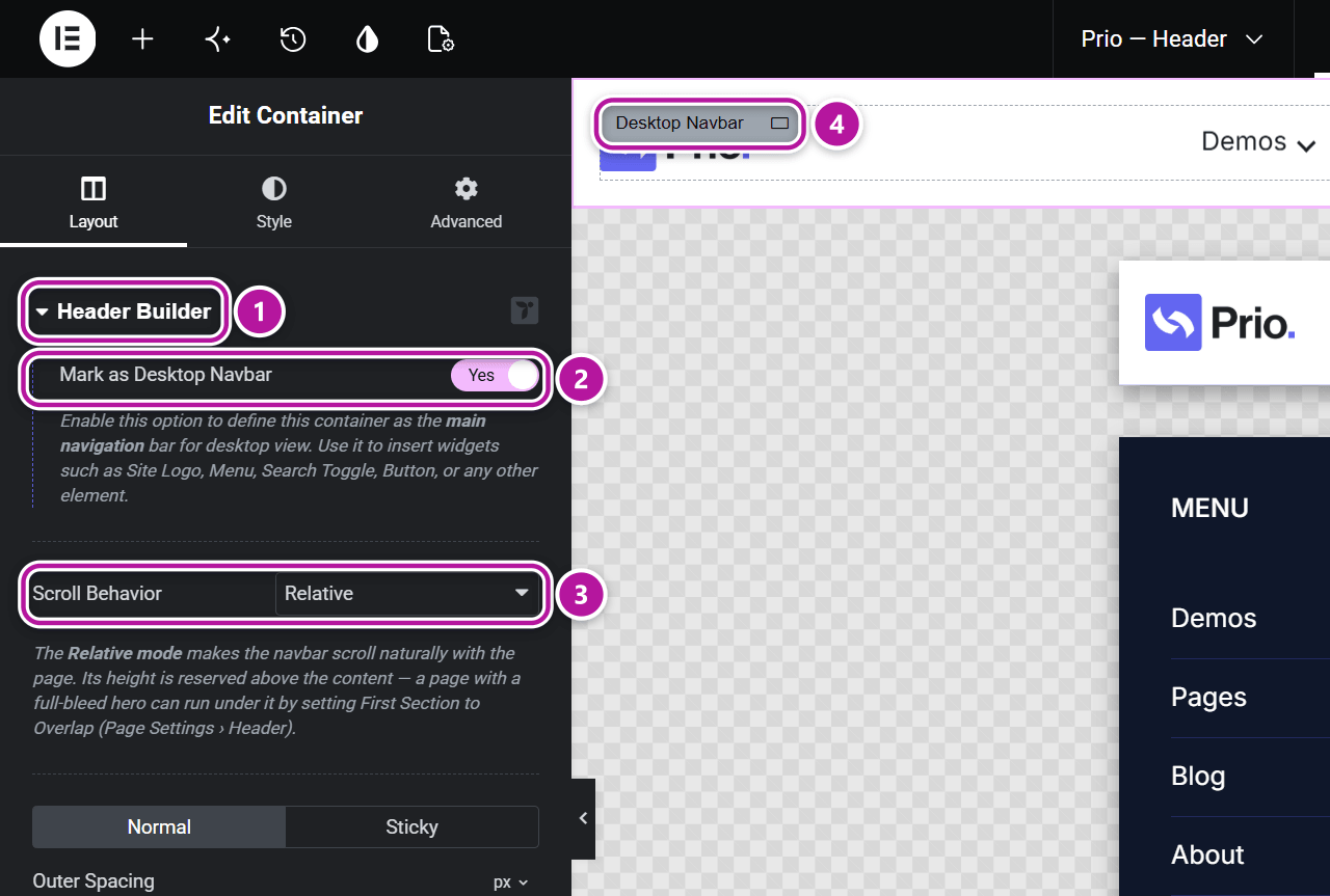 The Header Builder section on the Container Layout tab