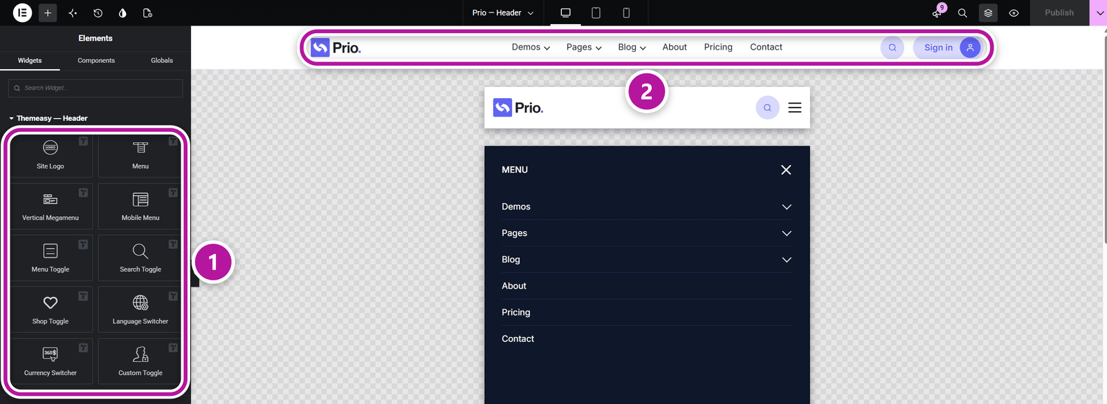 Themeasy header widgets placed in a header Global Section
