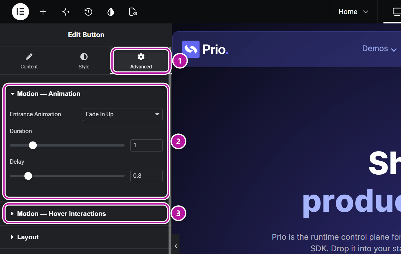 Motion — Animation and Motion — Hover Interactions on the Advanced tab of a widget