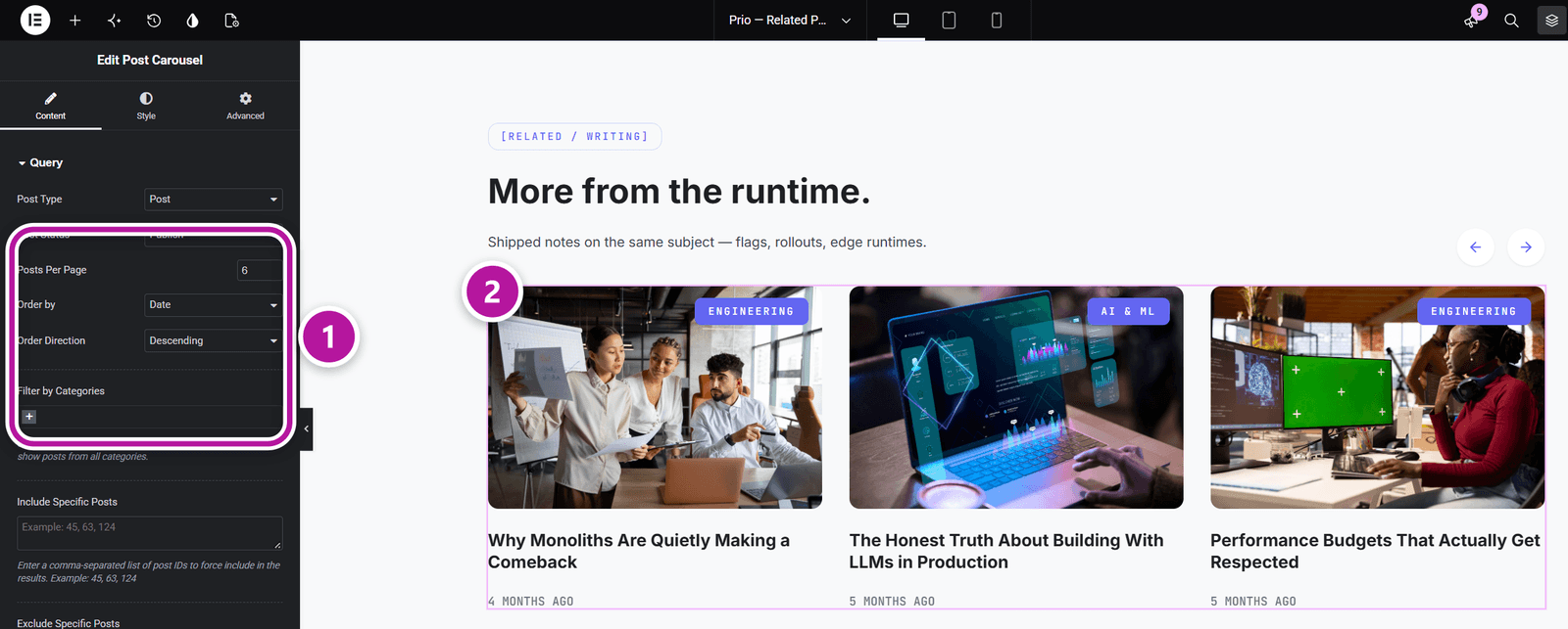 A Themeasy Post Carousel pulling live posts in the Elementor editor