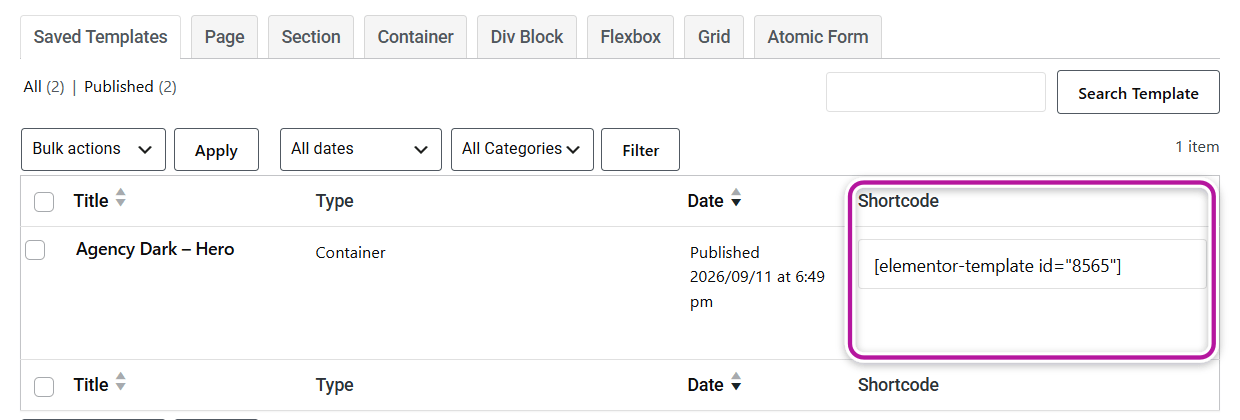 The Shortcode column showing a copyable template shortcode