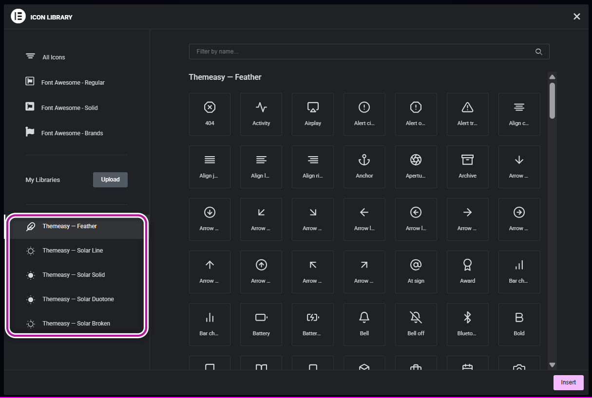 Elementor's icon picker showing the Themeasy icon library tabs