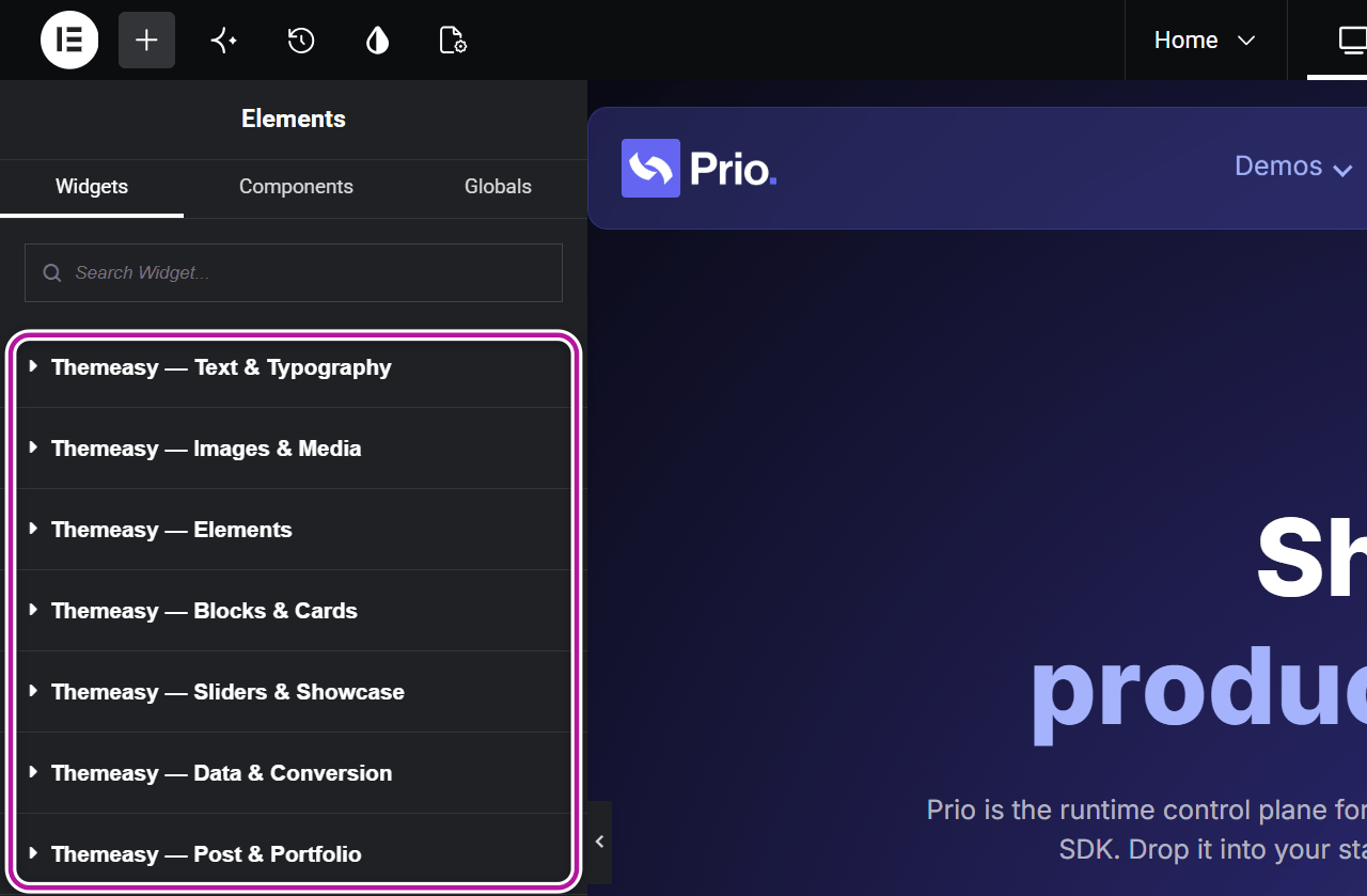 The Elementor widget panel showing the Themeasy categories