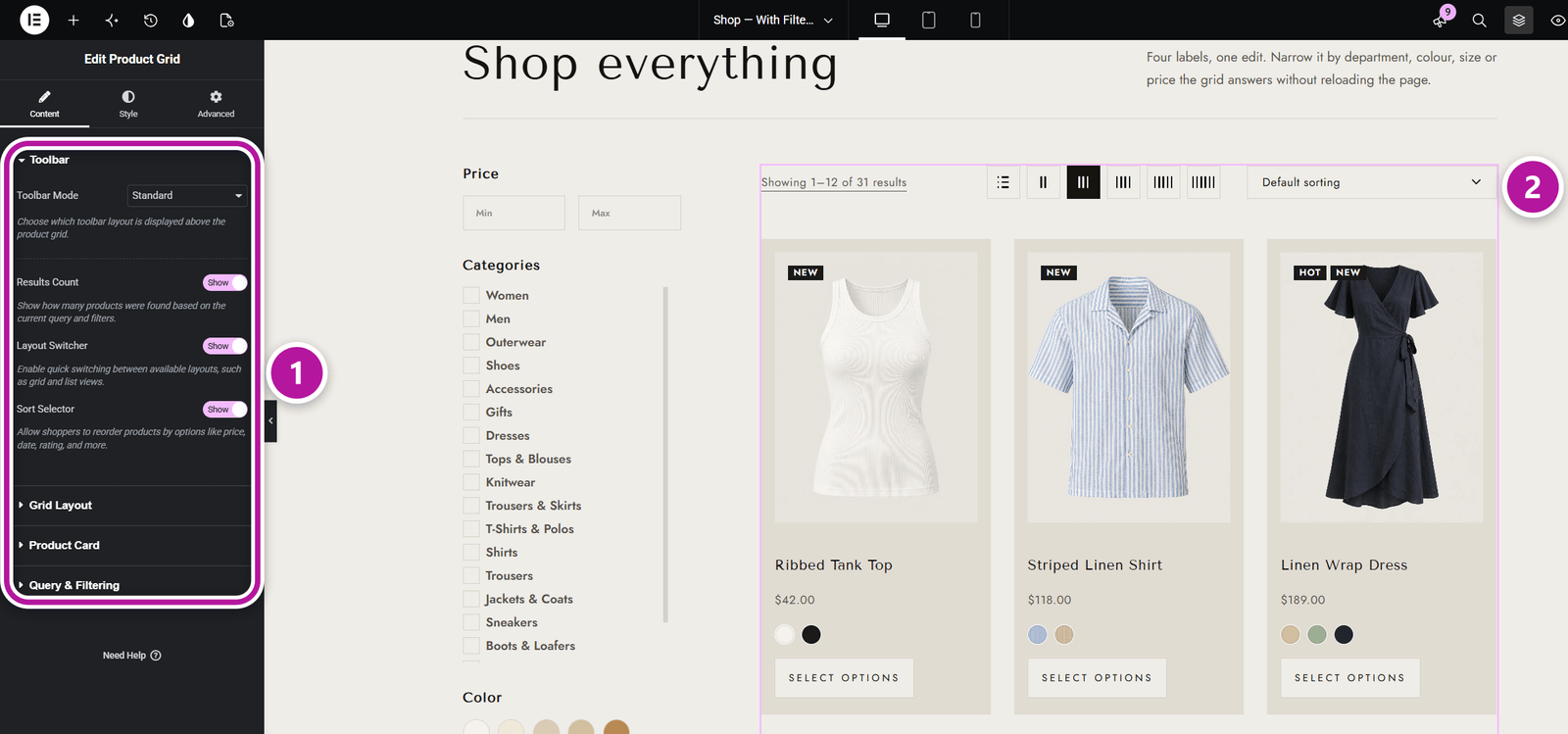 A Themeasy product grid pulling live products