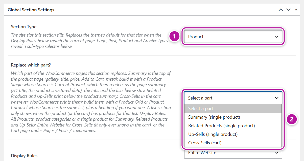 The Replace which part selector on a Product section