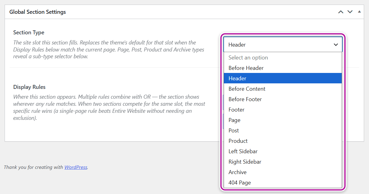 The Section Type selector