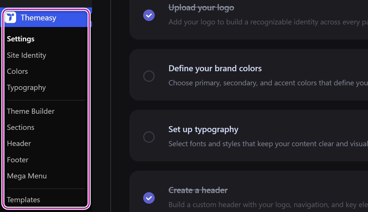 The Themeasy menu in the WordPress admin sidebar