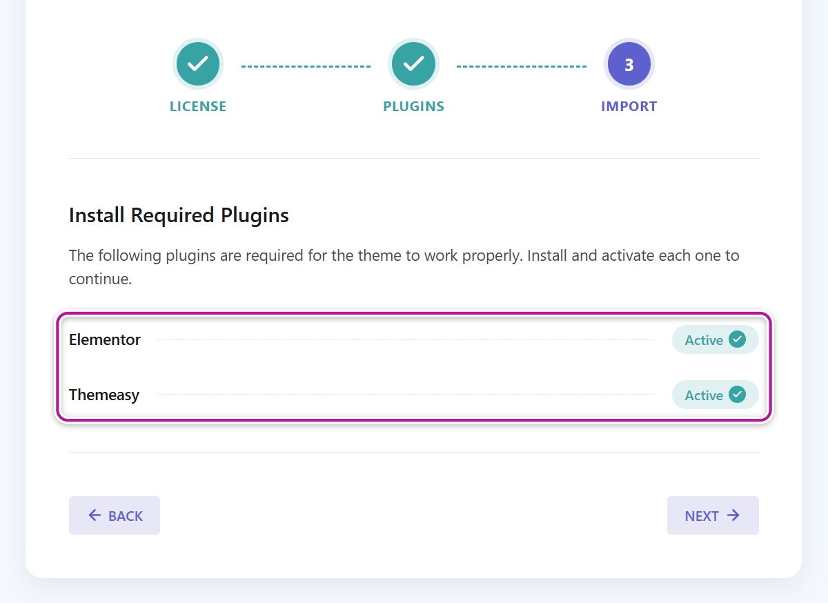 The Setup Wizard's Plugins step listing Elementor and Themeasy