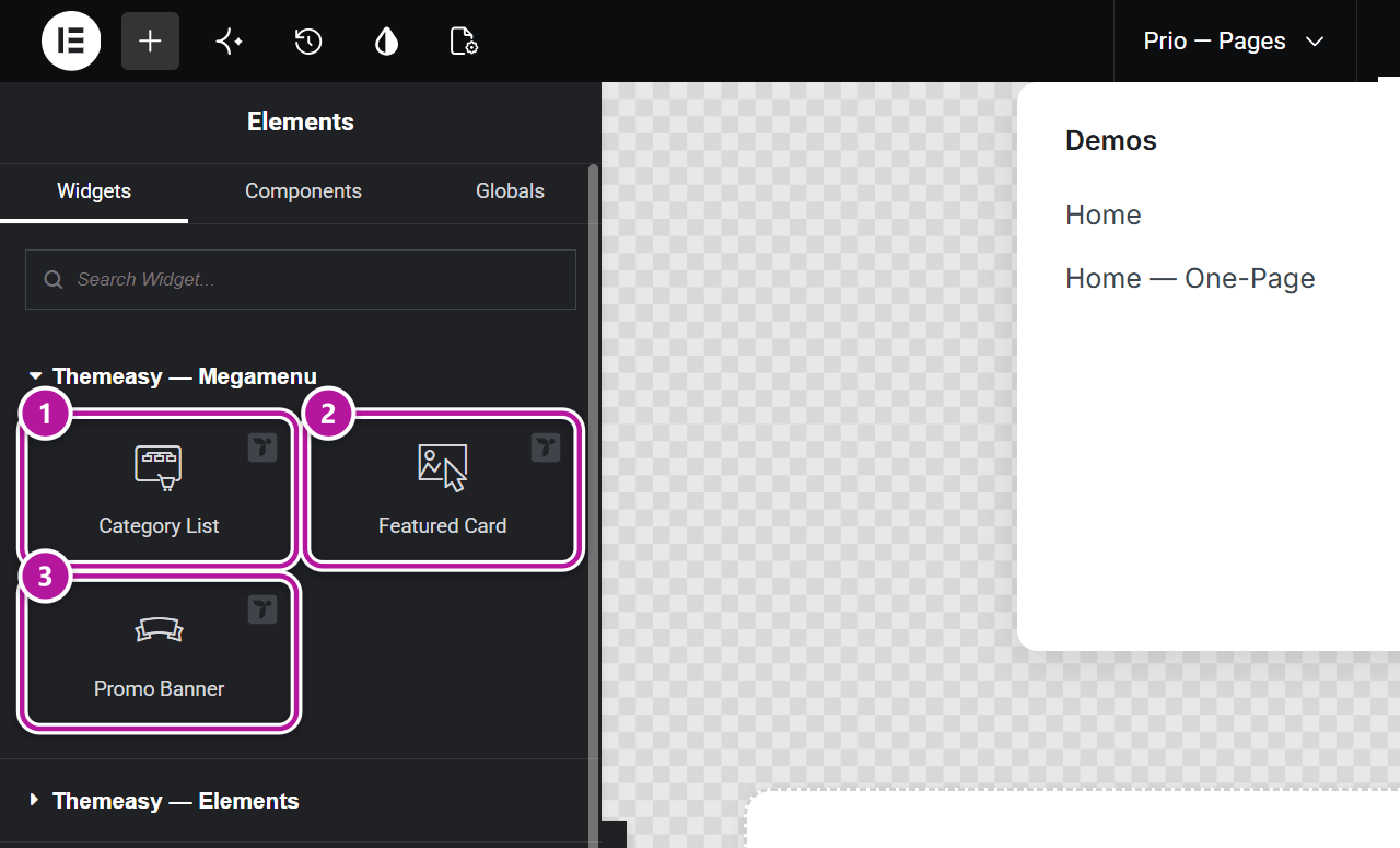 The three Megamenu widgets in the Elementor panel