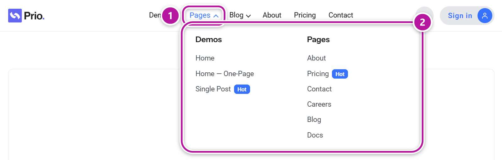 A mega menu panel open on the frontend