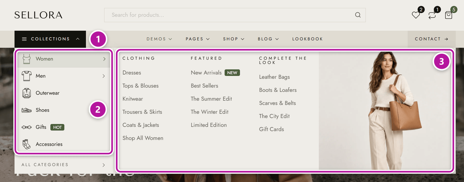 A vertical list of categories with a mega menu panel open beside it