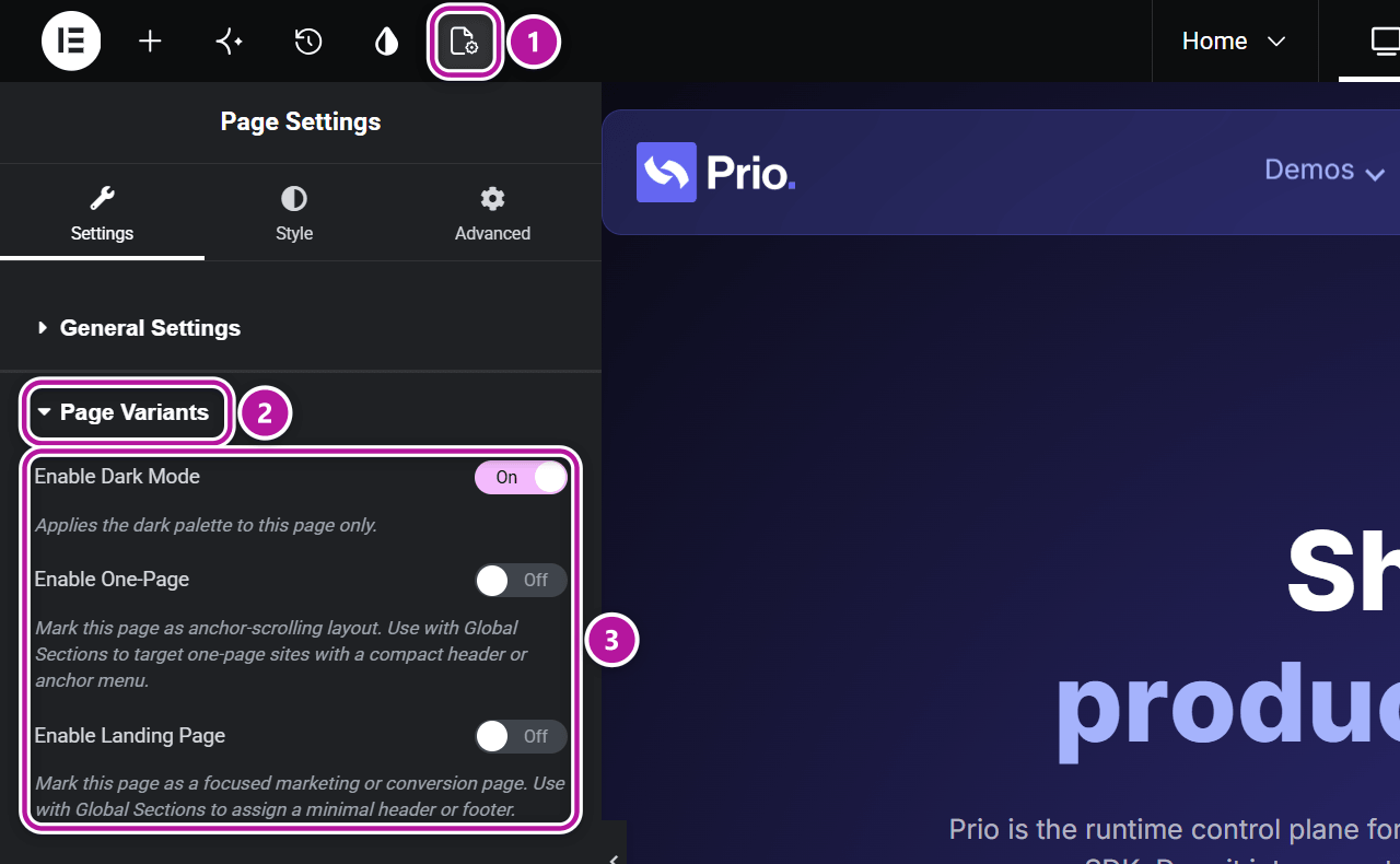The Page Variants switches on the Settings tab of the Elementor page settings