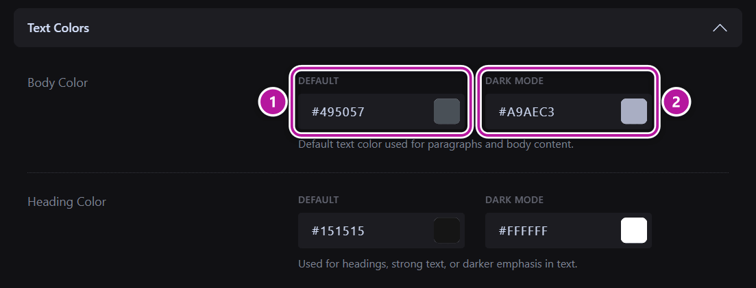 A color field with separate Default and Dark Mode values