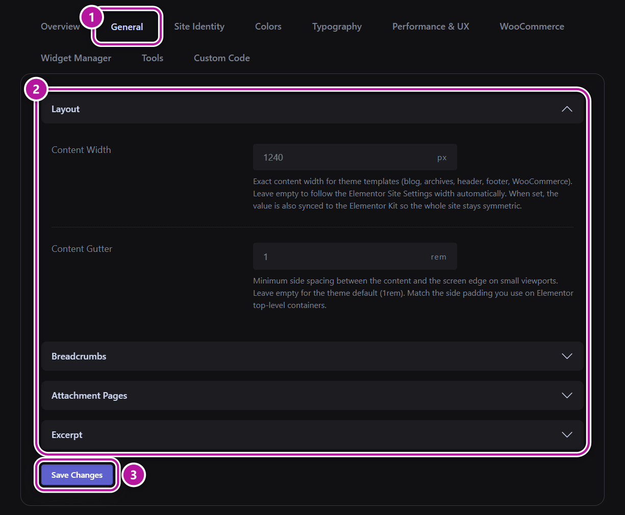 The General tab with its Layout, Breadcrumbs, Attachment Pages and Excerpt sections