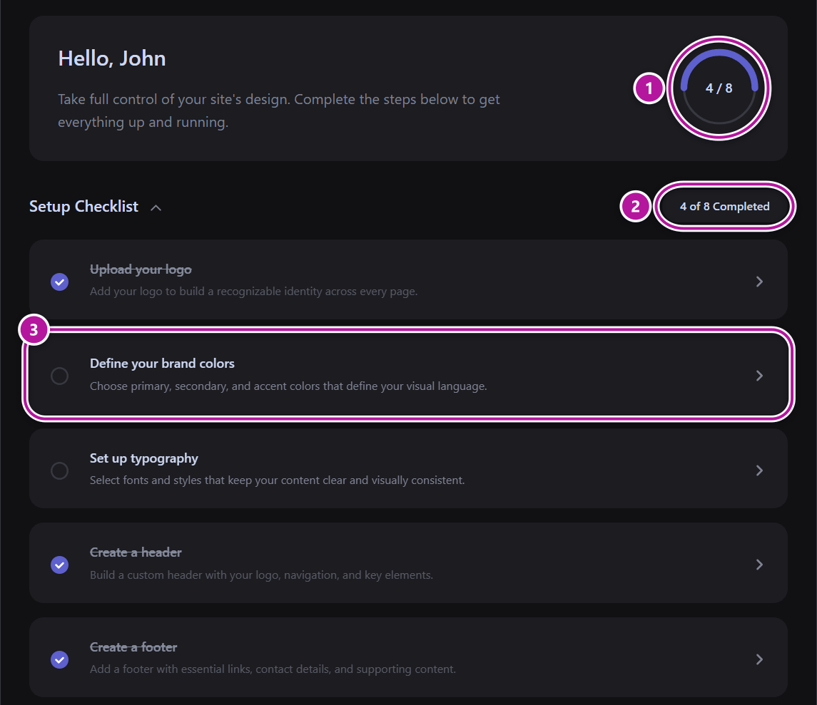 The Overview setup checklist with its progress ring