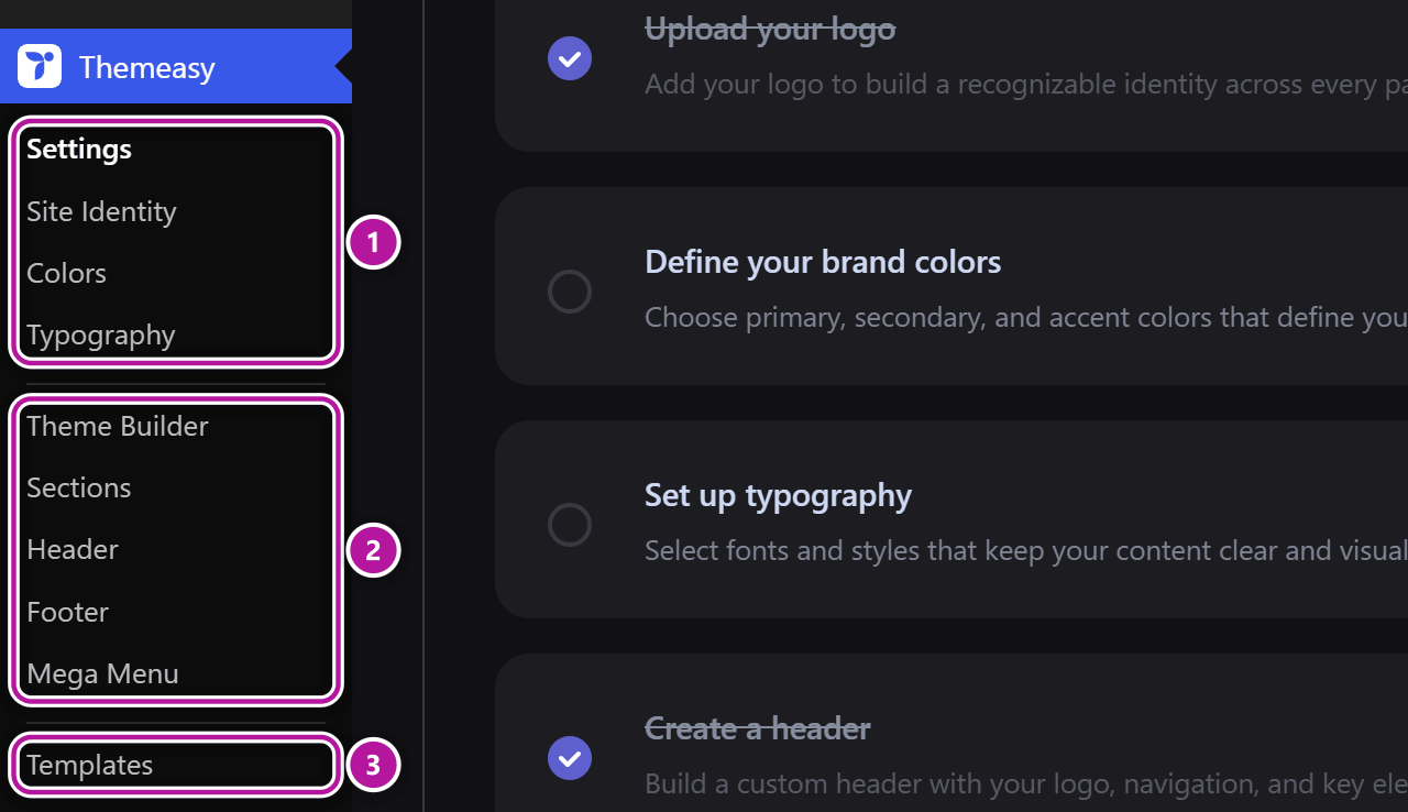 The Themeasy admin menu