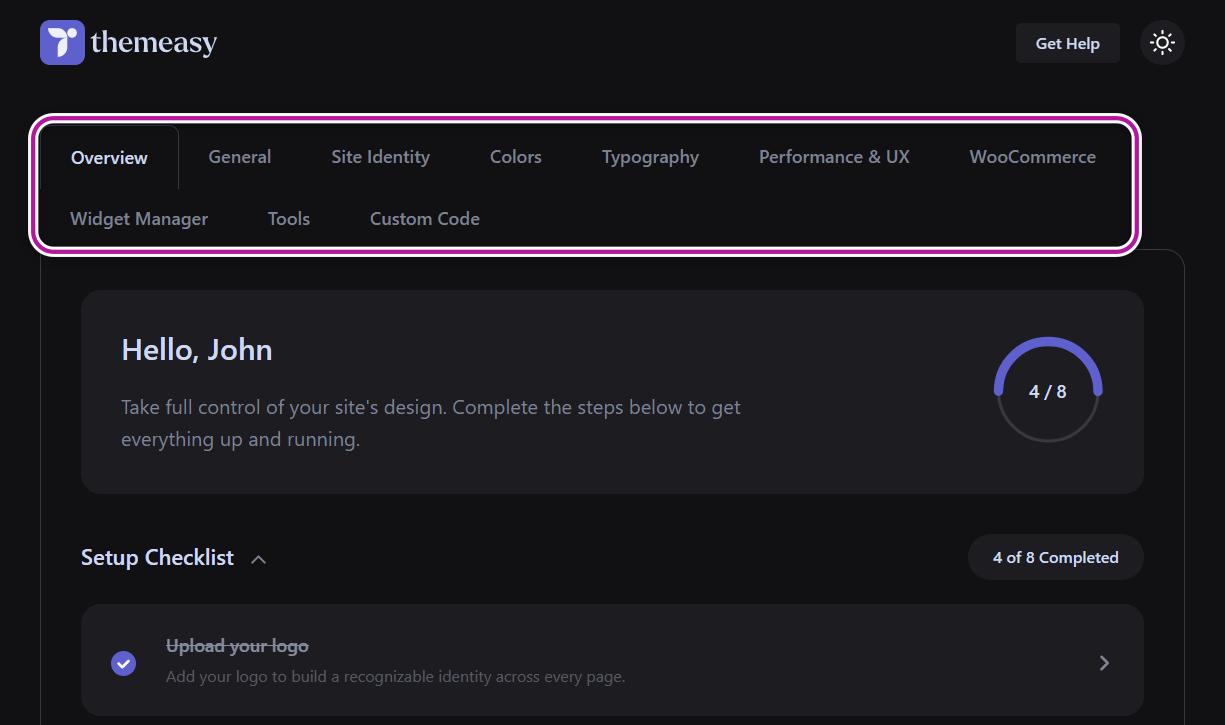 The Themeasy Settings panel with its tabs