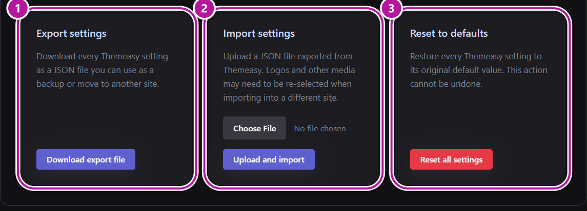 The export, import and reset cards