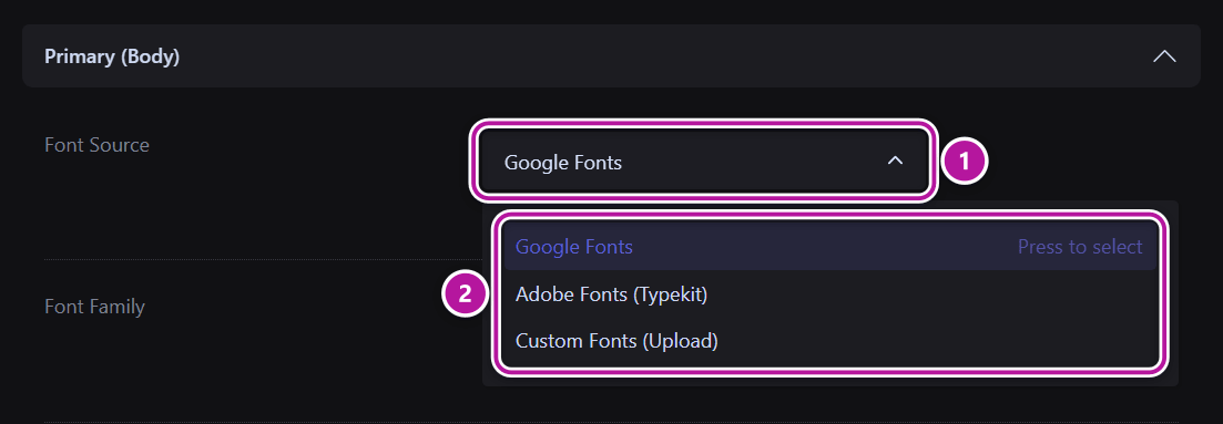 The font source dropdown