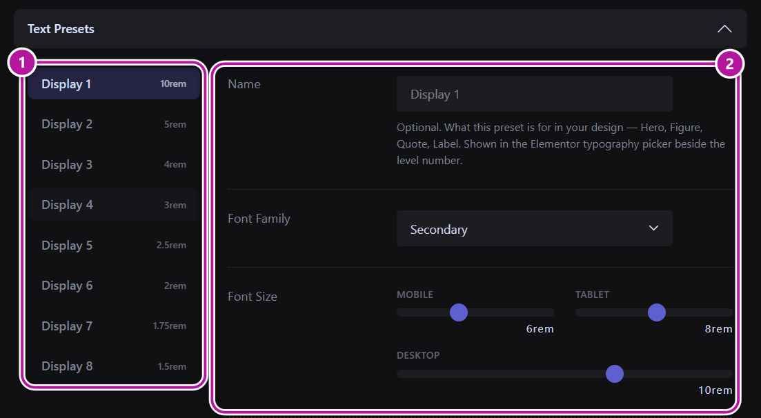 The Text Presets section with the Display 1 to Display 8 list on the left