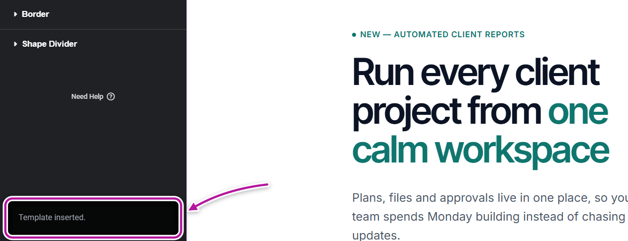 The "Template inserted." confirmation message