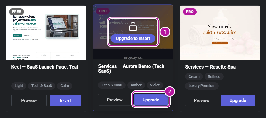 A Pro template card showing the lock and the Upgrade to insert link