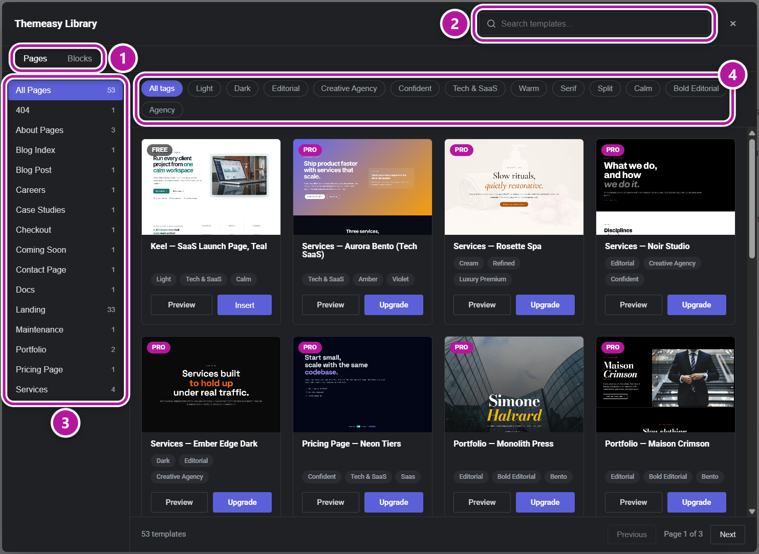 The open Themeasy Library with its sidebar and template grid