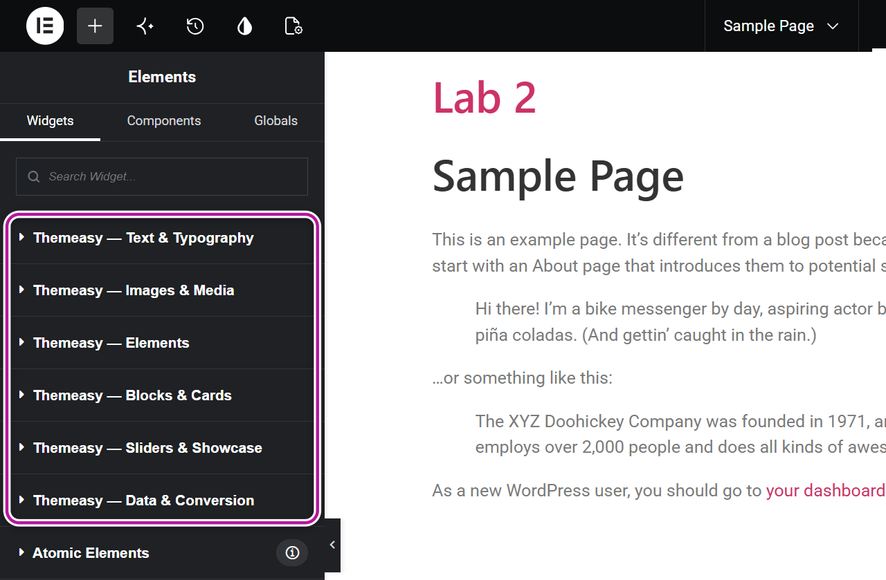 The Elementor widget panel showing the six Themeasy content categories