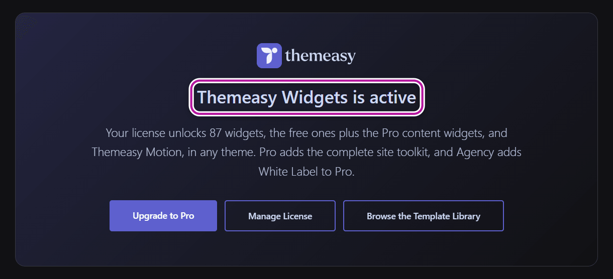 The Themeasy page reading Themeasy Widgets is active