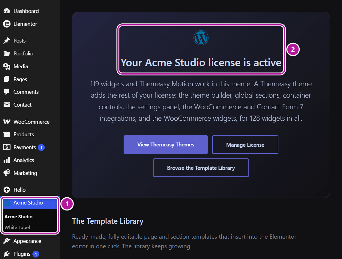 The Themeasy admin menu rebranded with a custom name and icon