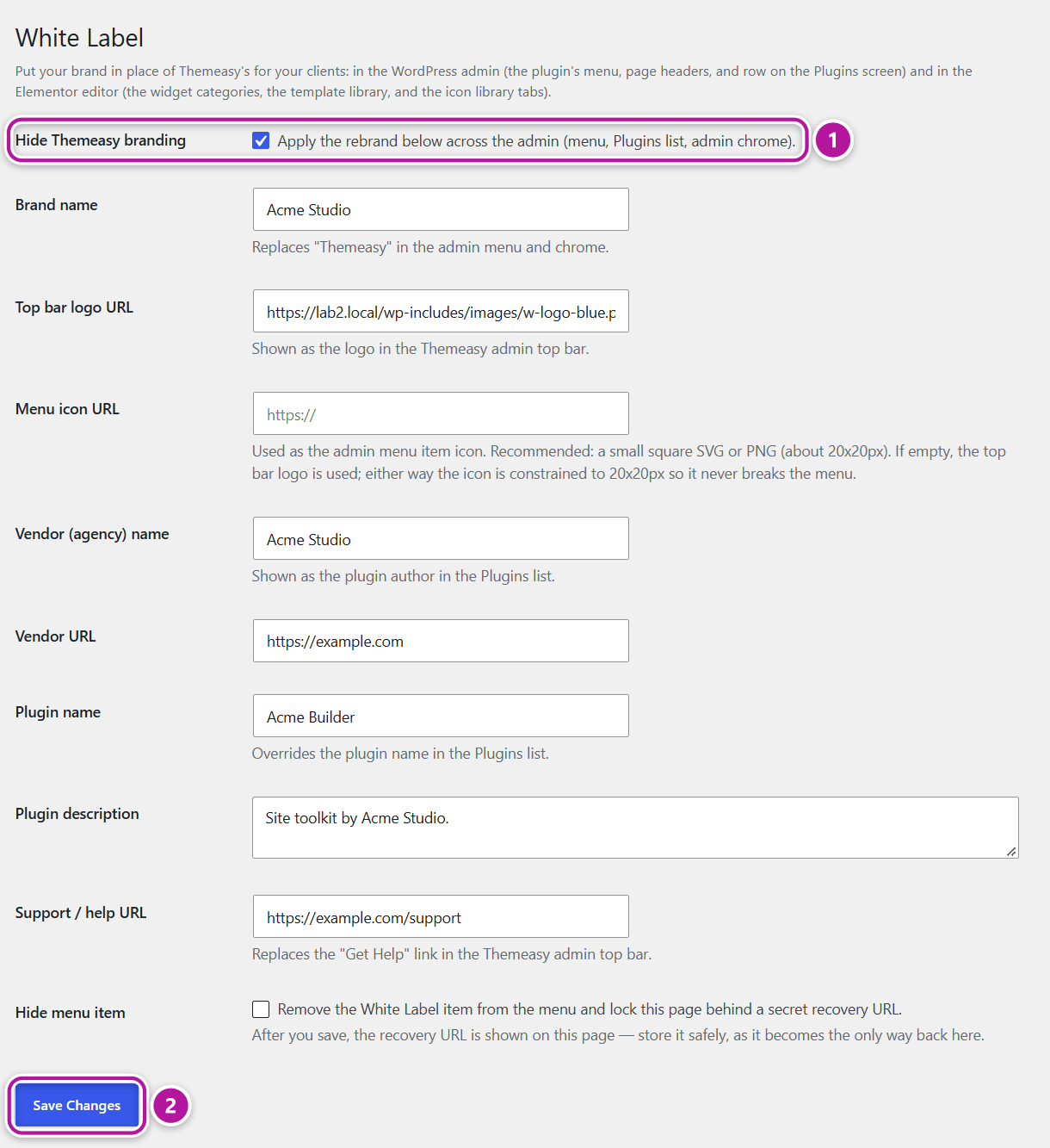 The Themeasy White Label settings screen