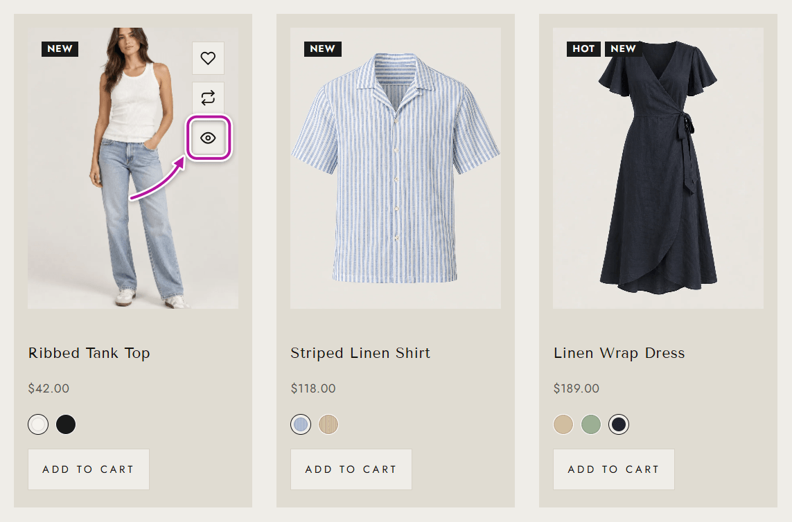A Themeasy product card showing the Quick View button on hover