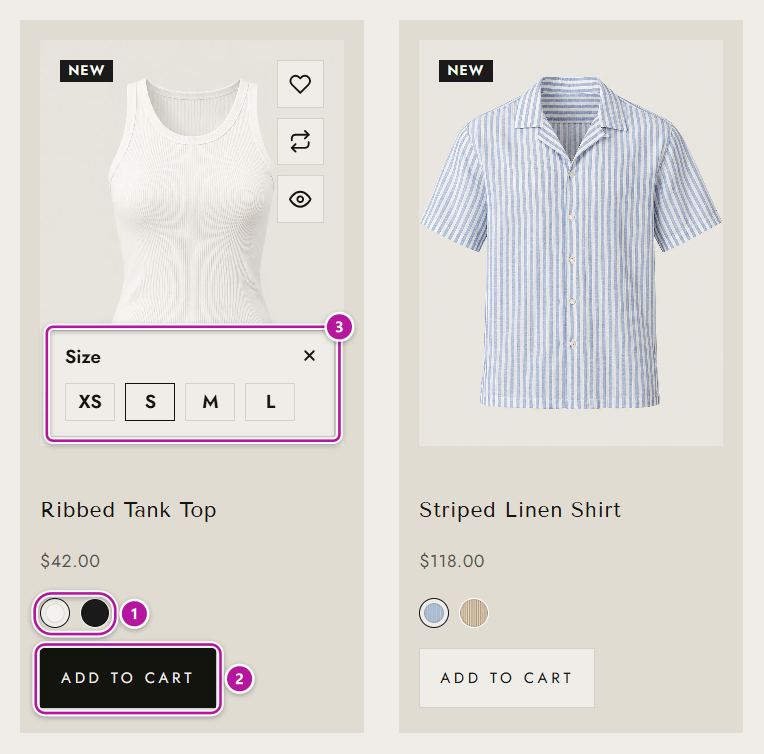 A product card with one line of color swatches and the quick add panel open over the image