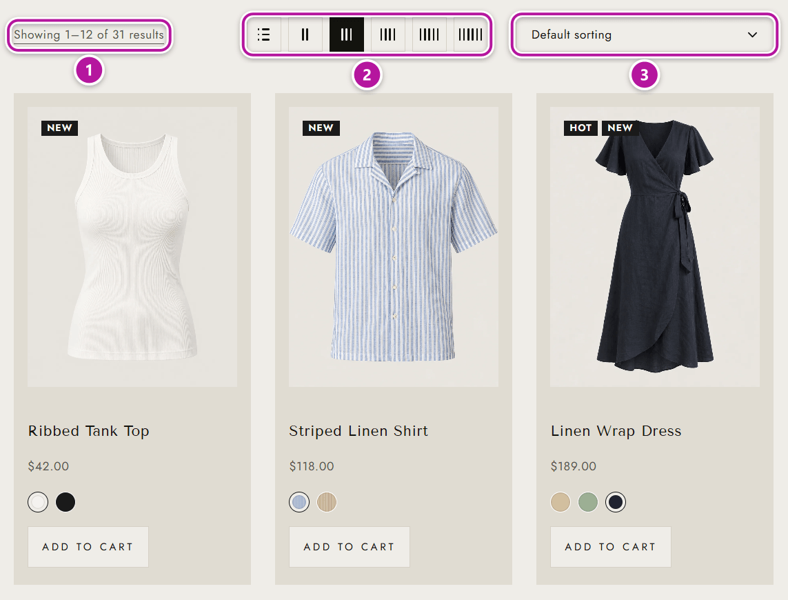 The Themeasy catalog toolbar with results count, layout switcher and sort