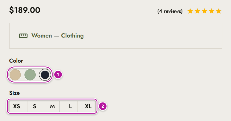 Color and label variation swatches on a product page
