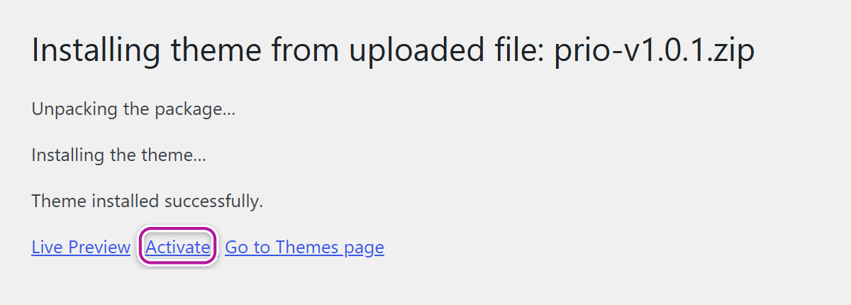 The successful theme install screen with the Activate link