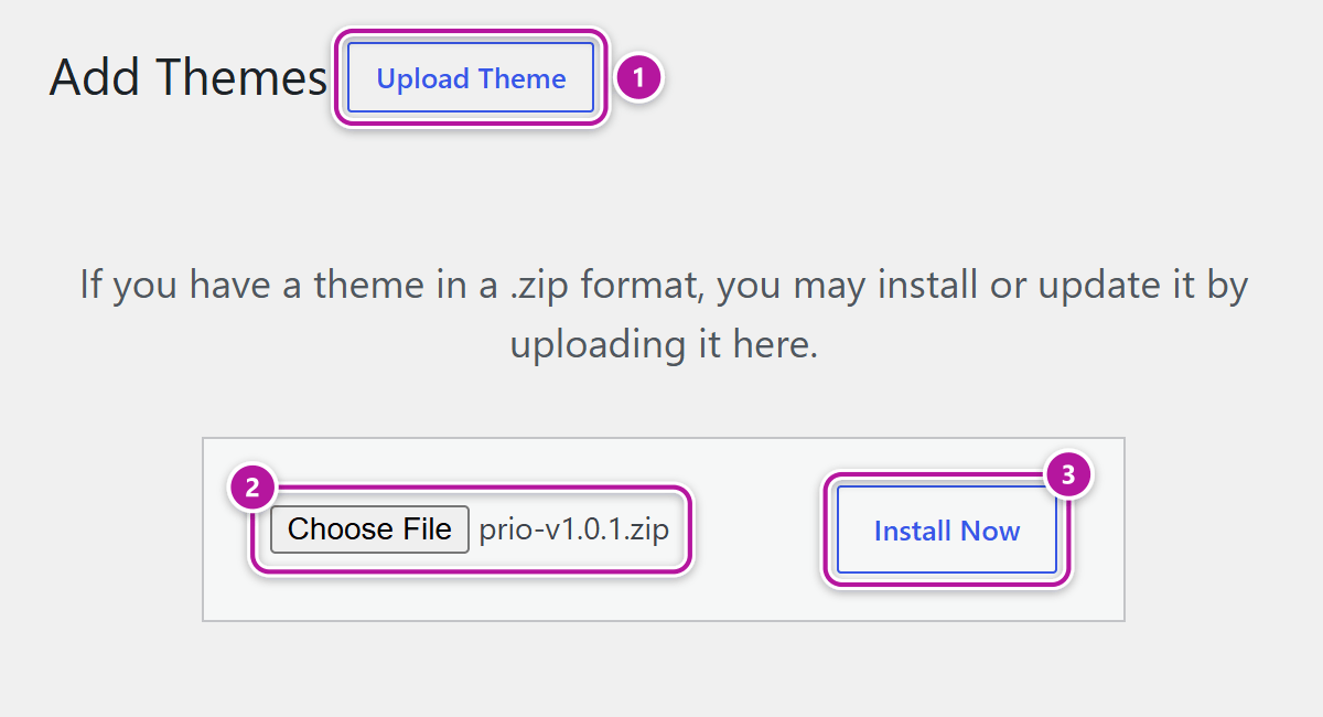 The WordPress theme upload screen