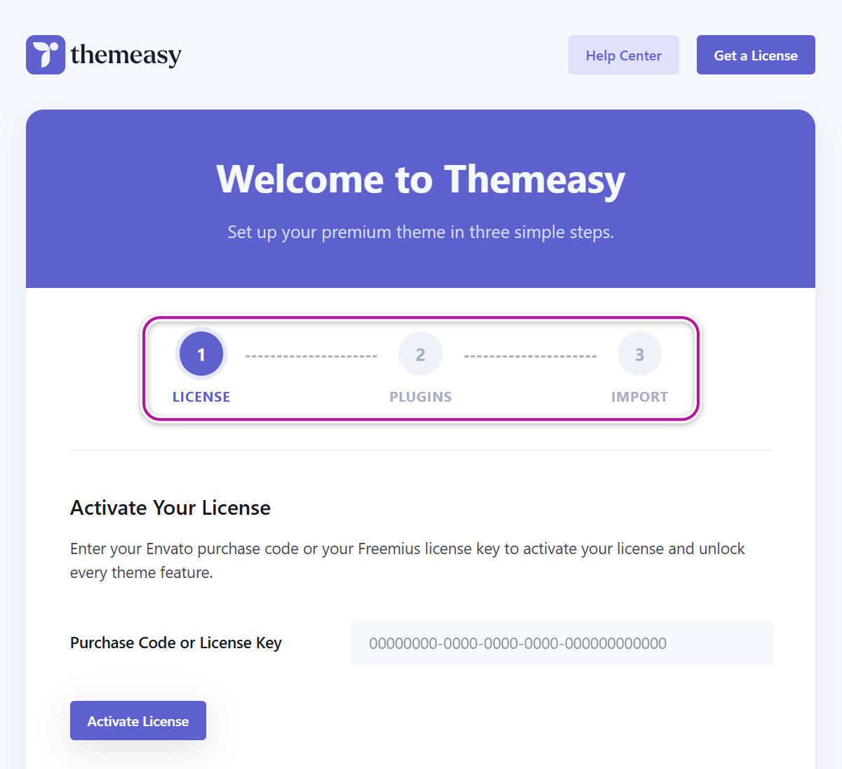 The Themeasy Setup Wizard landing screen