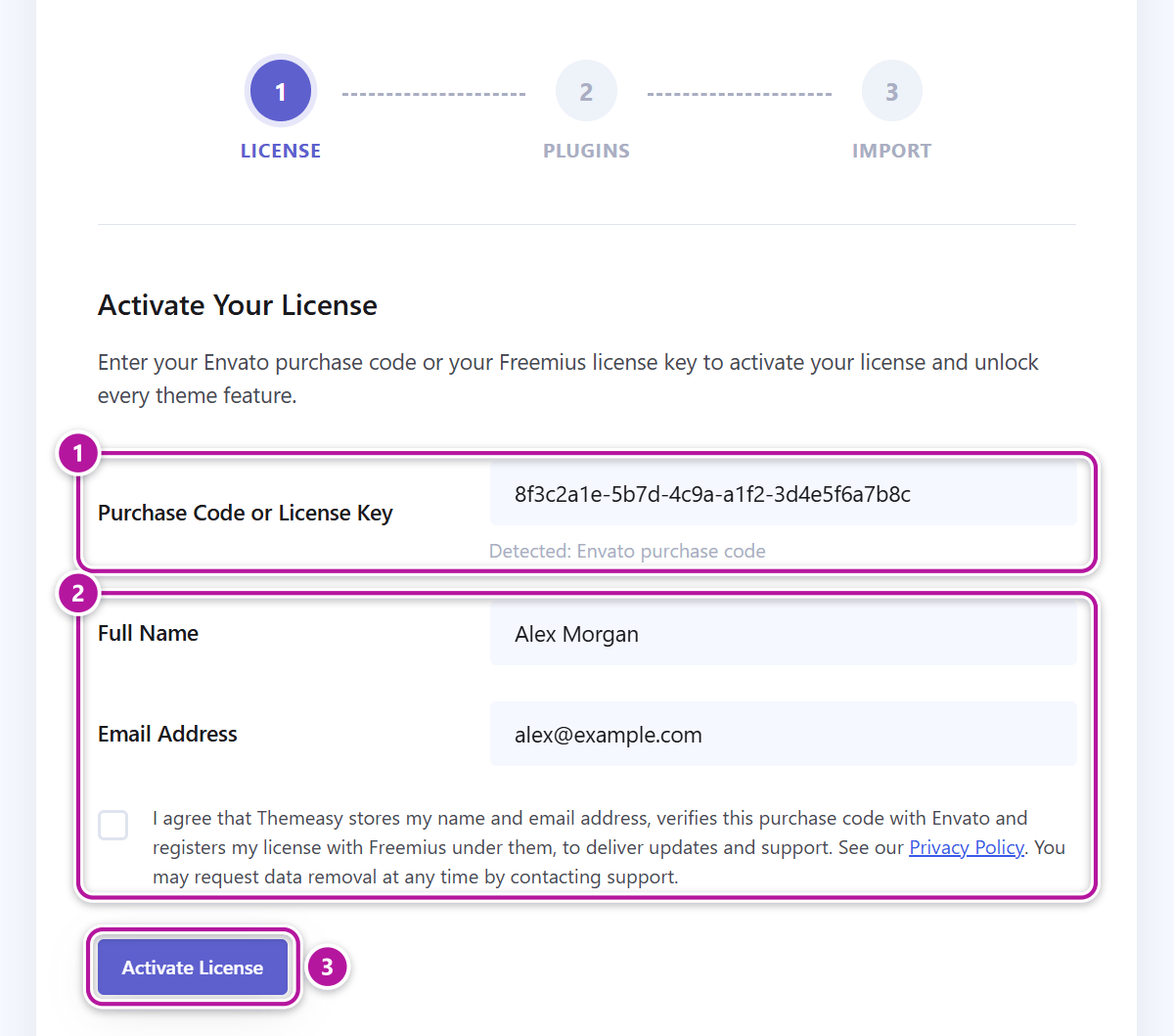 The license activation step of the setup wizard