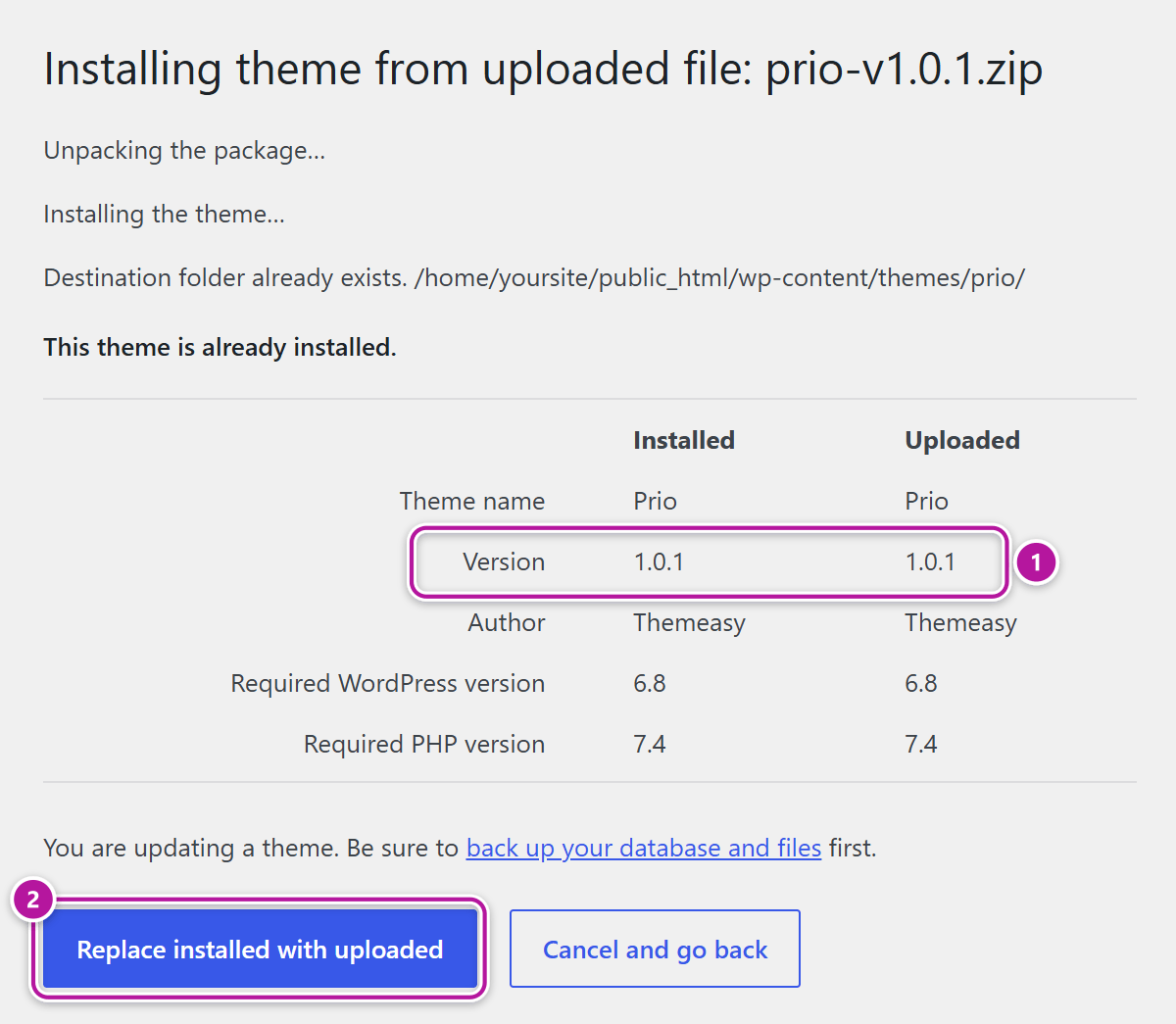 The "This theme is already installed" comparison screen with the Replace installed with uploaded button